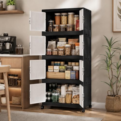 Image of KRISHYAM 4-Layer Plastic Storage Cabinet with 8 Doors & Wheels, Multipurpose Clothes Organizer, Modular Cupboard for Bedroom, Kids Room & Home, 140 x 66 x 38 cm, Black White