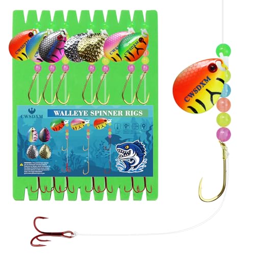 CWSDXM Walleye Rigs Kit, 41.5LB Spinner Rig Crawler Harness with Large Colorado Blades, 7PCS Pre-Rigged for Walleye & Perch Fishing, Worm Rig