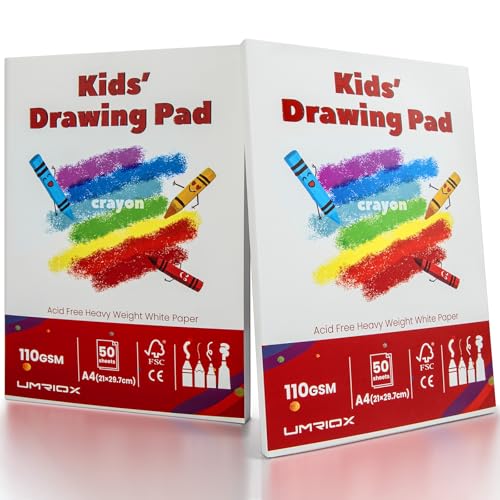 Umriox 2 Packs Drawing Pads for Kids 50 Sheets 110gsm Acid Free Drawing Pages A4 Drawing Paper Total 100 Sheets Glue-Bound Art Sketchbook Painting Writing Sketching Pad for Kids