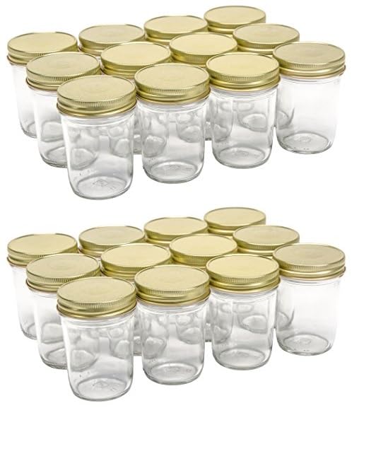 North Mountain Supply 8 Ounce Glass Regular Mouth Tapered Mason Canning Jars - with Safety Button Lids - Case of 24 (Gold Metal Lids)