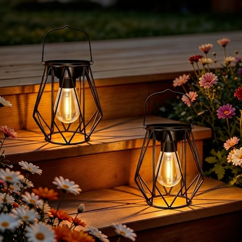 Solarlampen für Außen Hängend/Stehend, 2 Stück Solarlaterne IP65 Wasserdicht Metall Retro Solar Laternen für Draußen mit LED-Glühbirne, Solarleuchten Garten Deko für Terrasse, Balkon, Hof, Warmweiß