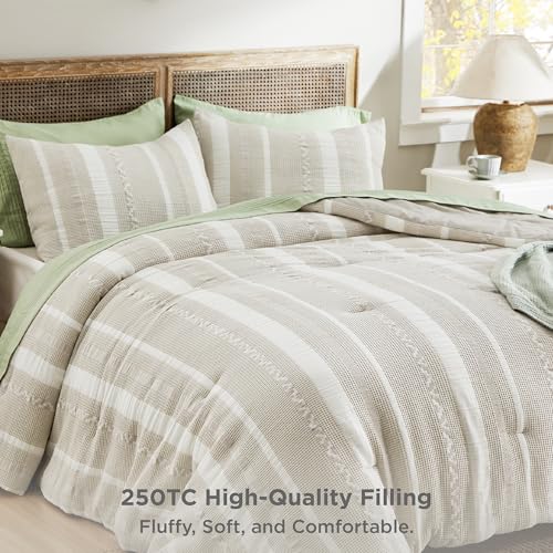Image of Bedsure Waffle Queen Comforter Set - Linen Soft Cotton Bedding Set for All Seasons, Stripe Fluffy Bed Set 3 Pieces with 1 Waffle Weave Comforter Queen Size and 2 Pillow Shams