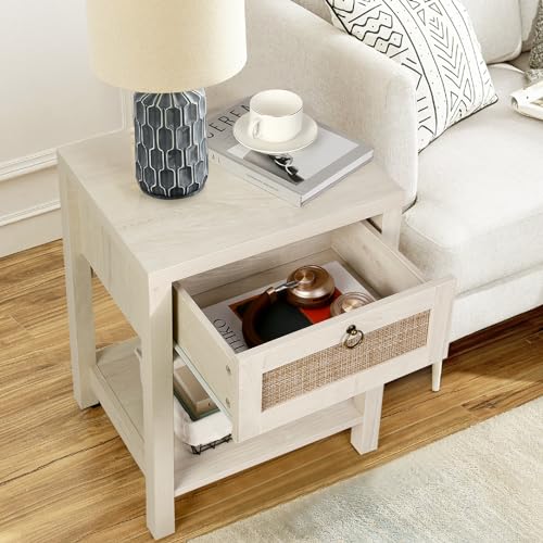 VOWNER Rattan Nightstands Set of 2 - Farmhouse Bedside Table Night Stand with Drawer and Storage Shelf, Boho End Side Table for Bedroom, Mesitas De Noche para Dormitorio, Light Oak - Image 4