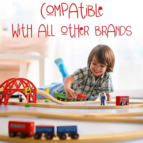 Image of KipiPol Wooden Train Tracks Set - 52 pcs+Bonus Railroad Map -Compatible W All Major Wooden Railway Toy Brands Including: Thomas The Train Track Set, Brio Train, Melissa and Doug Train Set for Kids 3+