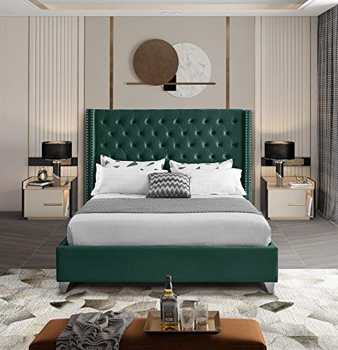 Meridian Furniture Aiden Collection Modern | Contemporary Velvet Upholstered Bed With Deep Button Tufting, Solid Wood Frame, And Custom Chrome Legs, Full, Green #TOP4