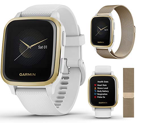 PlayBetter Garmin Venu Sq (ホワイト/ライトゴールド) GPSフィットネススマートウォッチエクストラスタイルバンドル ミラネーゼメタルウォッチバンド付き(ヴィンテージゴールド) レディースウォッチ ウェルネス 心拍数 010-02427-01