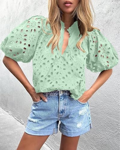 BETTE BOUTIK Women's Long Short Sleeve Tops 2025 Dressy Casual Button Hollow Out Lace Embroidered Blouses Shirts