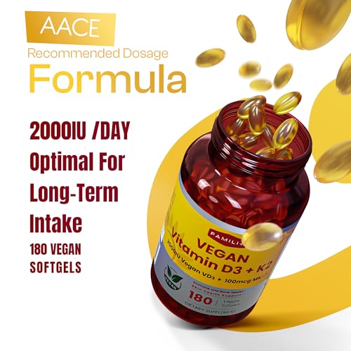 Image of FAMILI+ Vegan Vitamin D3 K2 2000IU with Coconut MCT Oil, 180 Softgels | 180 days, 2000IU Plant source Vitamin D3 + 100 mcg Vitamin K2 MK-7, For Bone, Muscle, Immune, Teeth & Heart Health