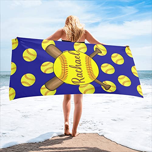 CUXWEOT Personalized Sport Softball in Blue Beach Towel with Name Quick Dry Absorbent Bath Towels 2 Sides Printed for Wedding Birthday Gift 30 X 60 inch