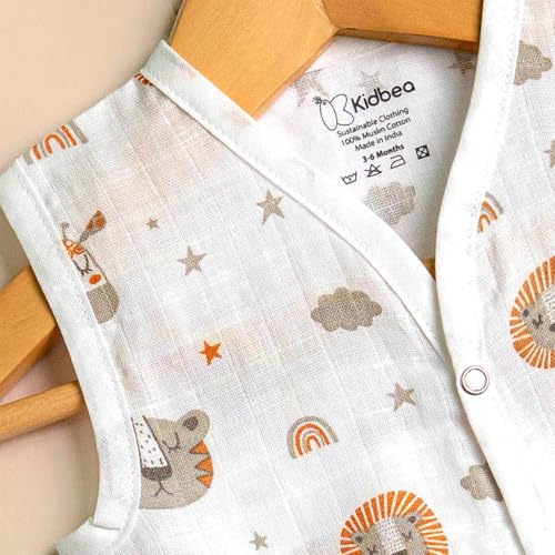 Image of Kidbea Newborn Baby Jhabla Muslin Cotton Clothes for Boys & Girls | Soft Breathable, Cute Printed Sleeveless Baby Wear with Button Closure