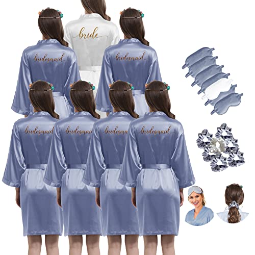 Lot de 21 peignoirs en soie pour demoiselle d'honneur - Pour fête de mariage - Avec masque pour les yeux et chouchous - 3 en 1 - Imprimé monogramme - Kimonos de mariée, Bleu poudré, taille unique Cover