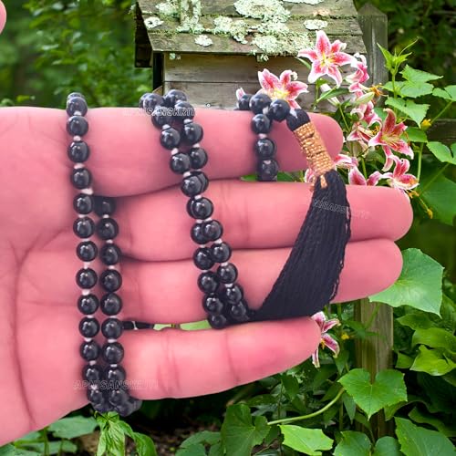 Image of Apnisanskriti Premium Black Tourmaline Stone Mala for Men and Women (6mm, AAA Quality, Lab Certified, 108+1) - Natural Stone Beads Mala - Pack of 1