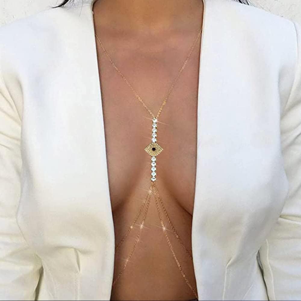 Sexy Eye Body Chain Crystal Heart Belly Chain Sparkly Waist Body Jewelry Shiny Necklace Chains for Women and Girls (eye, gold)