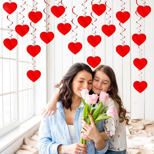 Image of PartyGarden Red Hanging Heart Party Decorations - 24 Pcs Pre-Assembled Ceiling Hanging Swirls for Valentines Day, Galentines Day