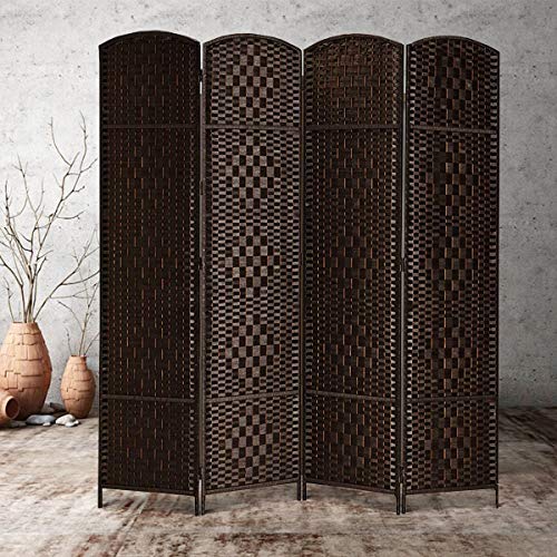 TinyTimes 6 FT Tall Room Divider, 4 Panel Weave Fiber Extra Wide Room Divider, Room Dividers & Folding Privacy Screens, Freestanding, Dark Brown, 4 Panel