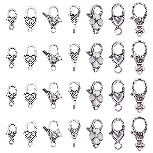 PH PandaHall 64pcs 8 Style Lobster Claw Clasps Tibetan Antique Silver Heart Flower Jewelry Clasps for Bracelet Necklace Jewelry Making