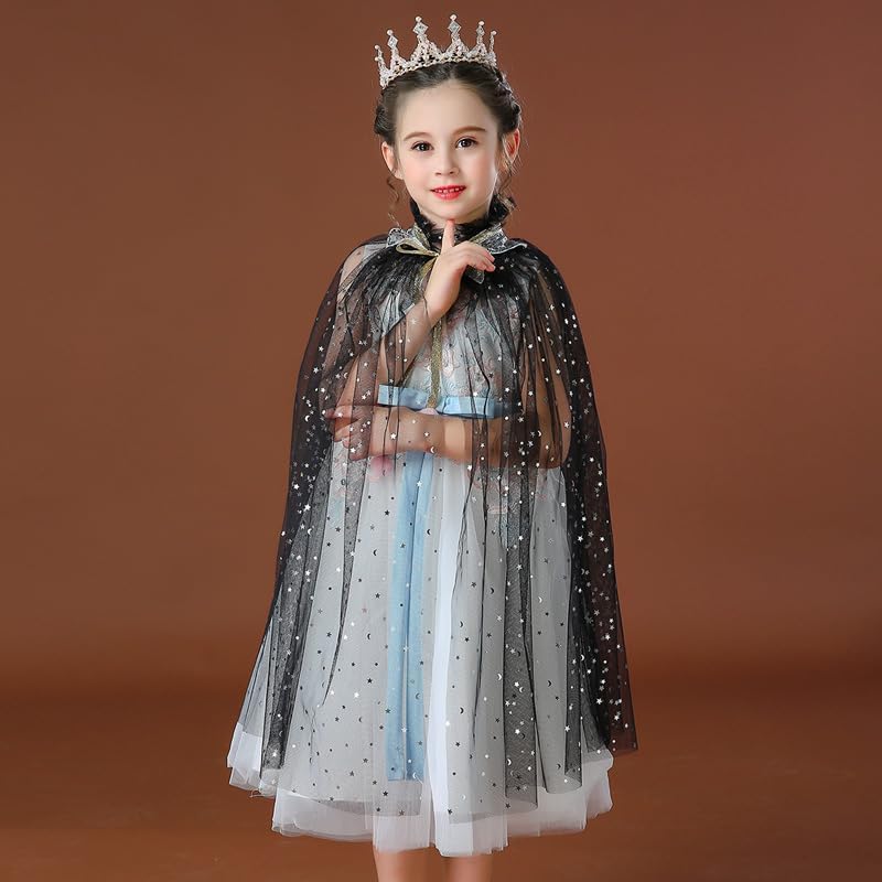 Image of Princess Cape for Girls - Colorful Sequin Cloak with Crown and Wand for Birthday, Halloween, Fancy Dress & Carnival