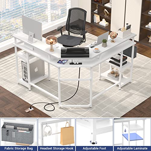 Aheaplus L Shaped Gaming Desk With Power Outlets & Led Lights, L- Shaped Desk Computer Corner Desk With Monitor Stand And Storage Shelf, Home Office Desk Writing Desk With Storage Bag, White #TOP4