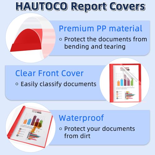 Image of HAUTOCO 12 Pack Plastic Report Covers with 3-Prong Fasteners Clear Front Presentation Folders Resume Folders for 8.5x11 Letter Size Paper, Document Report Cover for School Office Business, Red