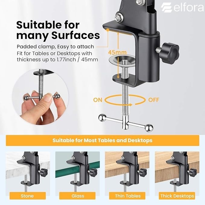 Image of Elfora Adjustable Overhead Mobile Phone Holder with Long Arm for Video Recording, Streaming, Office Use, Cooking, Crafting Videos Compatible with Devices Up to 4-7 Inches (Black)