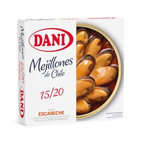 Mejillones de Chile en Escabeche 15/20 Piezas DANI 120 ml – Conserva Gourmet Seleccionada y Depurada con Salsa Tradicional, Ideal para Tapas, Aperitivos y Cocina Mediterránea