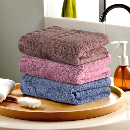 Image of Urbane Home Pack of 3 Cotton Hand /Face Towels for Men & Women | Easily Washable | Workout Gym Napkins for Men | Pocket Towel - Dark Blue-Pink & Brown