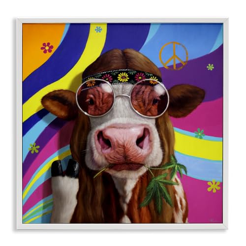 Hippy Farm Cow Groovy Stripes Peace, 12 x 12 Inch Framed Giclée Print