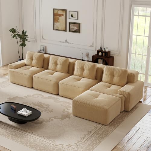 Image of 153 inch L-Shaped 4-Seater Modular Boneless Couch with Ottoman, Soft Corduroy Cloud sectional Sofa, Oversized Deep Seat, No Assembly Anti-Slip Stable Sofa, Camel
