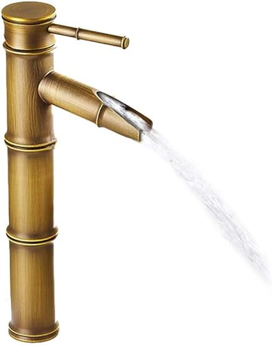 Oak-Pine Grifo de cascada de diseño de bambú, cobre antiguo, comercial, moderno, acero inoxidable frotado, 3 juntas para baño, lavabo sin desagüe