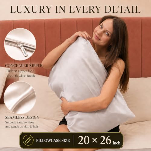 Image of FURBO 100% Pure Mulberry Silk Pillowcase | 22 Momme 6A Grade Silk Pillow Cover for Hair & Skin | Cooling, Breathable, Smooth & Soft | Hidden Zipper Closure | Anti-Frizz (2 Pack, White)