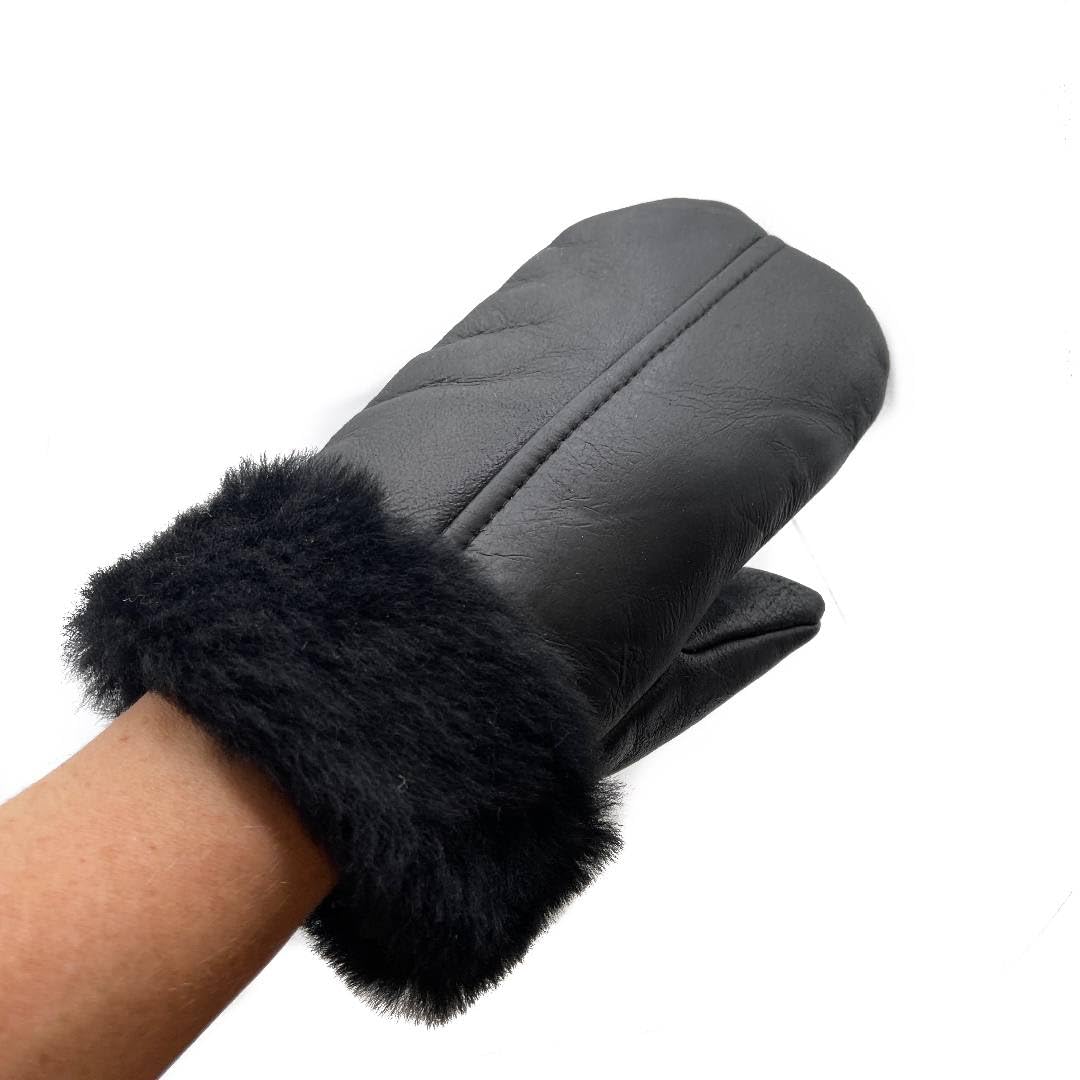 Men's and Women's Premium Shearling Sheepskin Leather Fur Mittens Black (XX-Large)