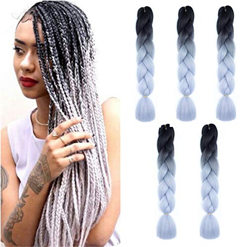 Jumbo Braiding Hair 5PCS/Lot Ombre Kanekalon Braiding Hair Extensions High Temperature Synthetic Hair 24 Inch Hair for Braiding (black-Silver gray)