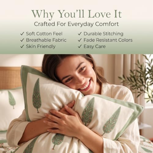 Image of BSB HOME 240 TC Cotton Feel Double Bedsheet with 2 Pillow Covers, Premium Soft Breathable Bed Sheet Set, Fade Resistant, All-Season, Easy Care, 90 x 100 Inches (228 x 254 cm) - Ivory & Olive Green