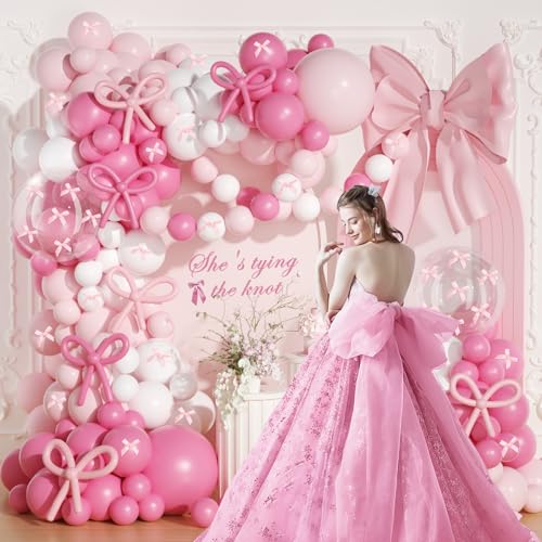 Image of Coquette Birthday Decorations, JOGAMS 199Pcs Pink Bow Balloon Arch Kit with 260 Clear Balloons Pink Ribbon Bow for Coquette Bow Theme Birthday Bachelorette Baby Shower Bridal Shower Wedding Party