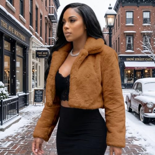 Image of RAMOUG Women Faux Fur Jacket Lapel Crop Fuzzy Coat Outerwear