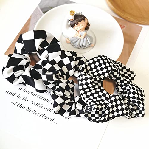 Checkered Plaid Scrunchies Black White Plaid Checkered Hair Scrunchies Checkerboard Bw17 (Black White Plaid-3 Pcs) #TOP2
