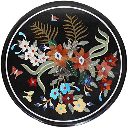 Multi Color Stones Inlay Floral Art Coffee Table Top Round Marble Pati