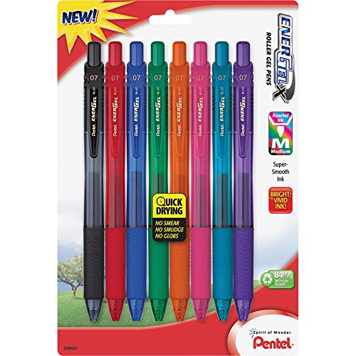 Pentel EnerGel-X Colors Retractable Liquid Gel Pen, 0.7mm, Metal Tip, Assorted Ink, 8 Pack (BL107CRBP8M)