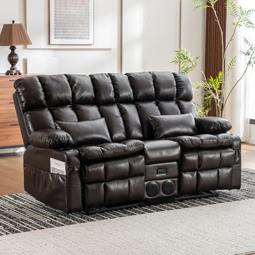 Zuacs Loveseat Recliner Sofa with Massage & Heat, Flip Backrest, Reclining Home Theater Seating with Console, RV Couch Sofa with Bluetooth Speaker, USB/Outlet/Storage/Cup Holder/Side Pocket, Brown