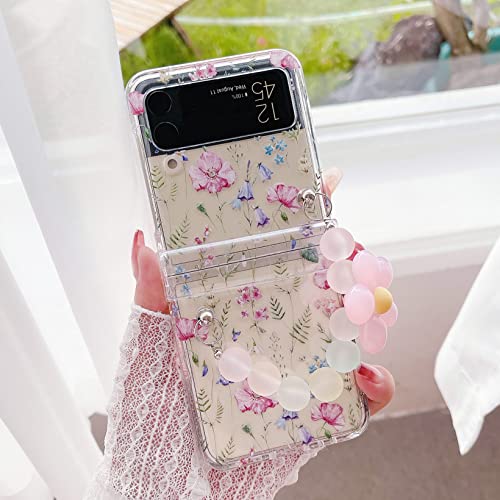 Nxbnk For Galaxy Z Flip 4 Case, Floral Handmade Hard Clear Three-Section Protection Case For Samsung Galaxy Z Flip 4, Flower Case For Girls Women With Bracelet - Pink Floral #TOP3