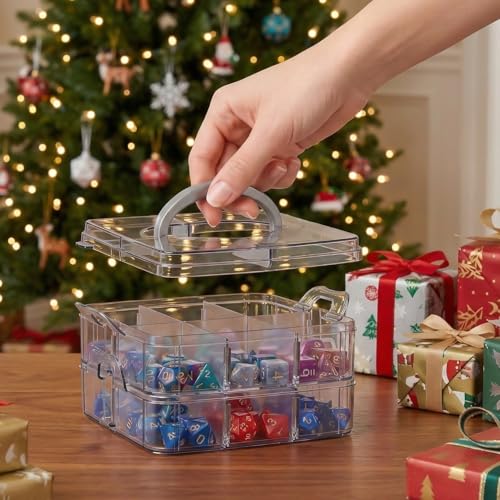 Image of PUGED DND Dice Storage Box with Removable Dividers Polyhedral Dice Plastic Organizer Holding Up To 900 Dices Craft Bead Compartment Container for Sewing, Jewelry, Art, DIY (2 layers) Box Only