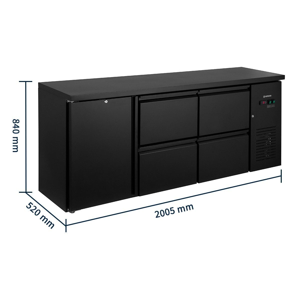 GastroHero Barkühltisch 1 Tür 4 Schubladen 2005 mm Getränkekühler Umluftkühlung +2 bis +8 °C LED 509 Liter Gastro Kühltisch Bar