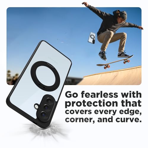 Image of RIGGEAR Shockproof Sleek Hybrid Armor 360 Rotating Magnetic Ring Stand Back Cover Case Compatible with MagSafe Accessories for Samsung Galaxy A57 5G (Clear PC + Black TPU Bumper)