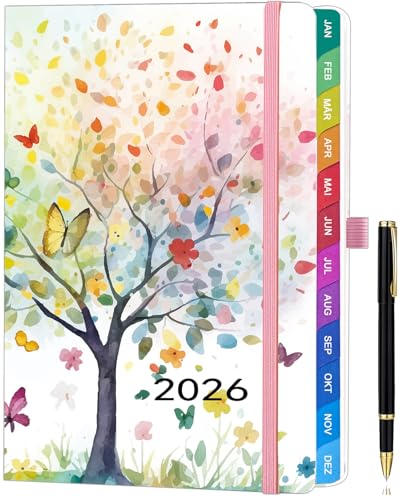 Kalender 2026 A5, Deutsch, Wochenplaner & Terminplaner mit Monatsübersicht, Januar bis Dezember 2026, mit bunten Monatsregistern, farbenfrohen Innenseiten, Innentasche & Stift - Baum des Lebens