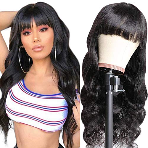 Amella Hair Brazilian Body Wave Wigs With Bangs Virgin Brazilian None Lace Front Wigs Human Hair Wigs 150% Density Glueless Machine Made Wigs For Black Women (14 inch)