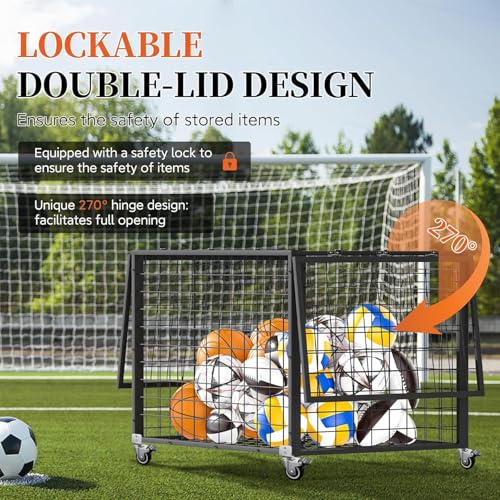 Homelio Rollender Sportball-Aufbewahrungswagen mit doppeltem Deckel, abschließbares Ballregal mit Rädern für Fitnessstudios, Schulen, Clubs, Indoor- und Outdoor-Basketballaufbewahrung
