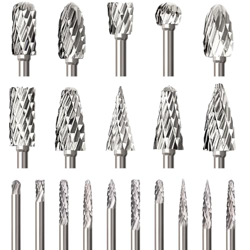 Rokrou 1/8' Shank Tungsten Carbide Rotary Burr Set, 20PCS Double Cut Carving Rotary Tool Accessories, Universal Fitment for DIY Woodworking, Grooving, Reaming, Polishing, Grinding
