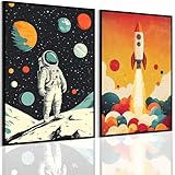 2 PCS Astronaut Wall Art Children'S Astronaut Canvas Pictures Kids Spaceman Posters Printing Artwork Rocket Paintings Wall Decor for Teen Boys Room Living Room Bedroom Decoration 8X10 In Poster