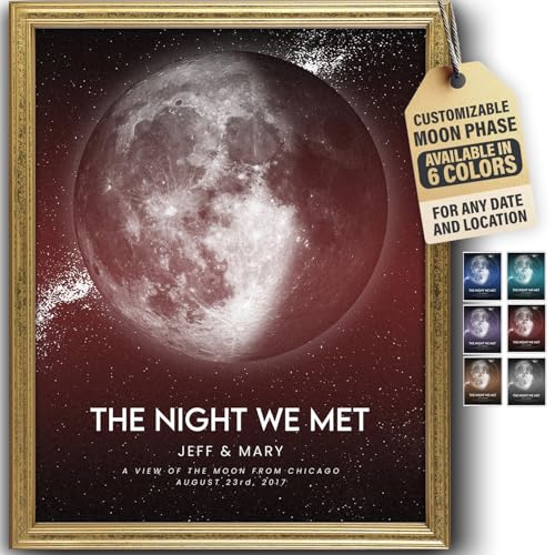 DREAM BIG PRINTABLES Custom Moon Phase Gift for Specific Date | Romantic Gifts for Her | Gifts for Husband | Personalized Night Sky | Paper Anniversary | Red with Thin Border & Front Glow