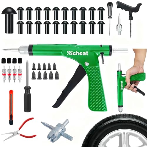 Richcat Tubeless Tire Puncture Repair Kit with Mushroom Plug Repairs punctures and Flat Tires for Motorcycles Cars Trucks ATVs Gun Puncture Repair Kit